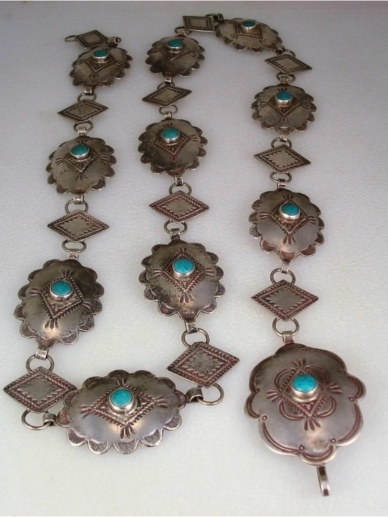 Accessories - 1940s Navajo Unsigned 11 Concho Belt Turquoise Sterling Silver Hand Stamped 28”